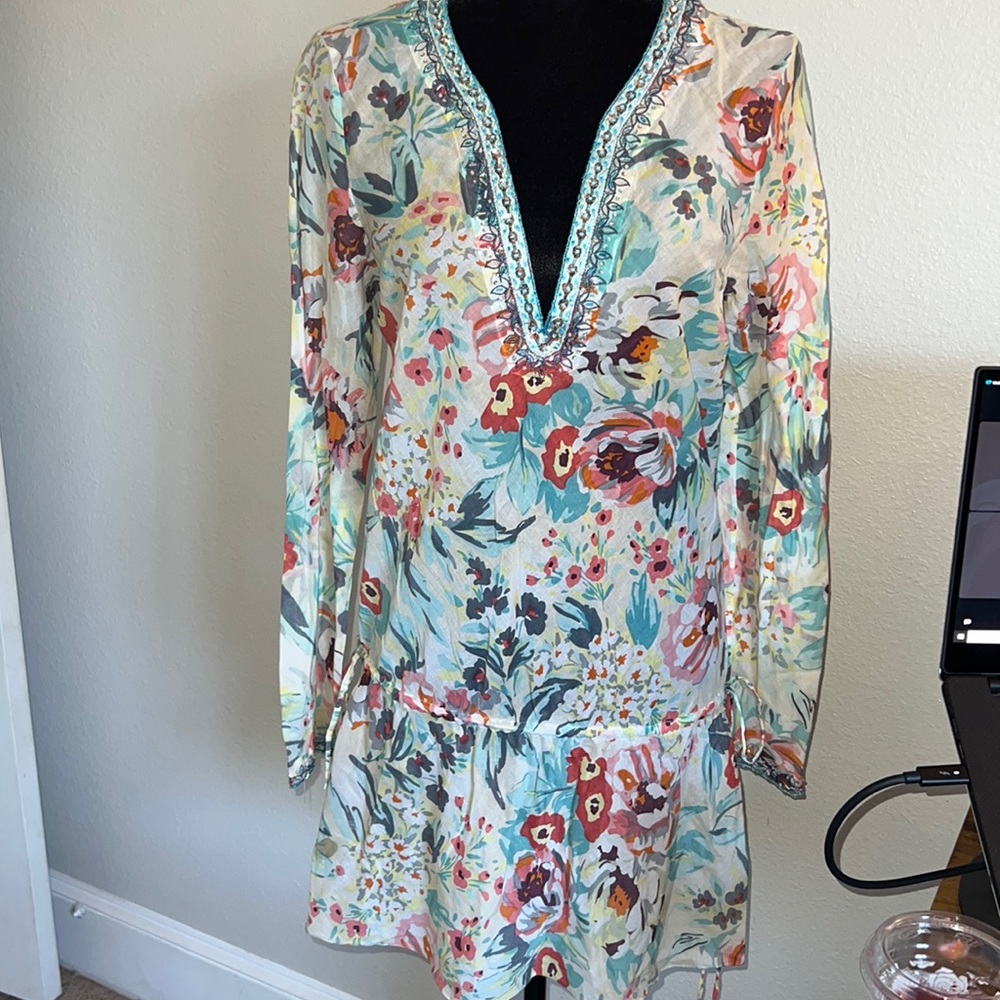 Ted Baker London Floral Swim Cover Up with Neck Details - Size 3 (XS-S)